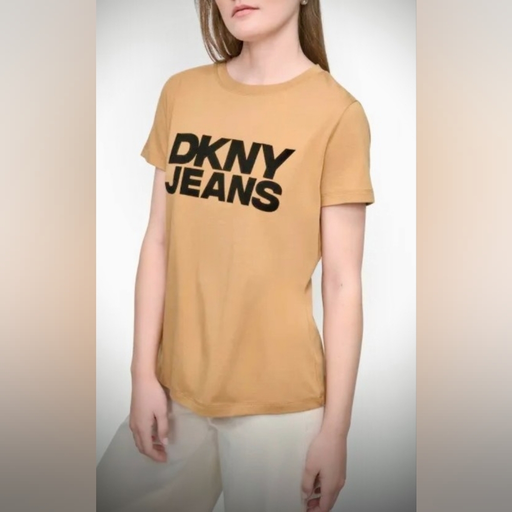 DKNY Tan Short Sleeve Tee With Felt Logo NWT